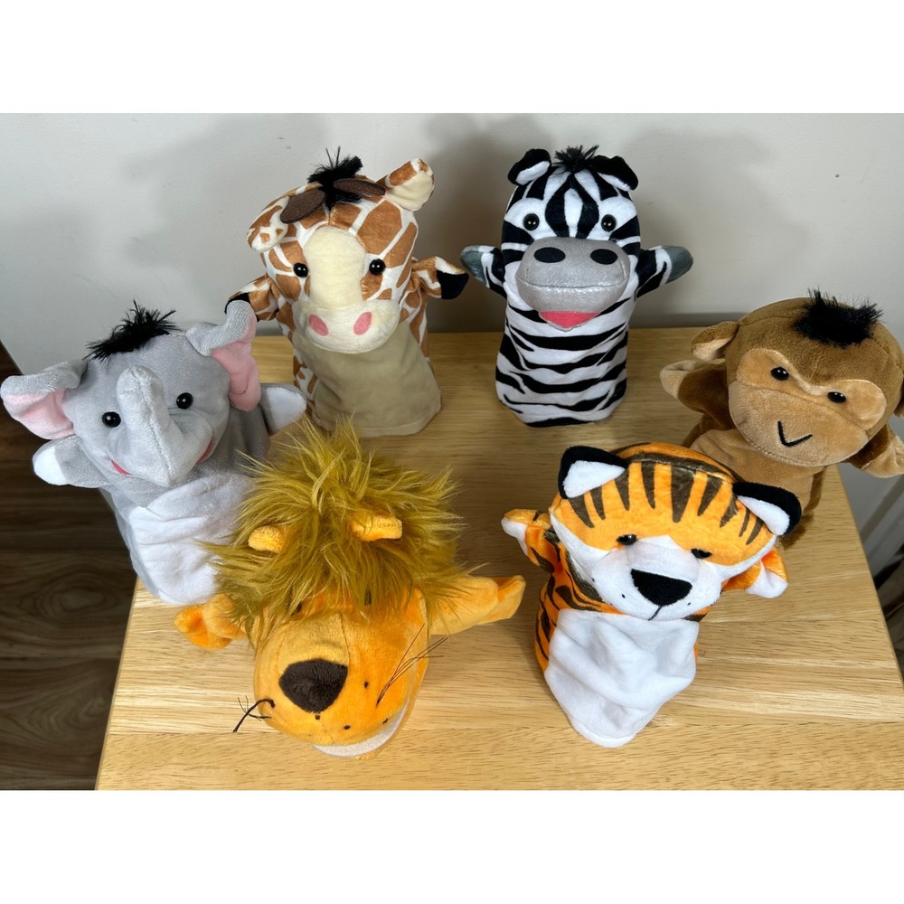 Safari Hand Puppets Lot/6 Jungle Animal Plush Set Tiger Lion Zebra Elephant Play